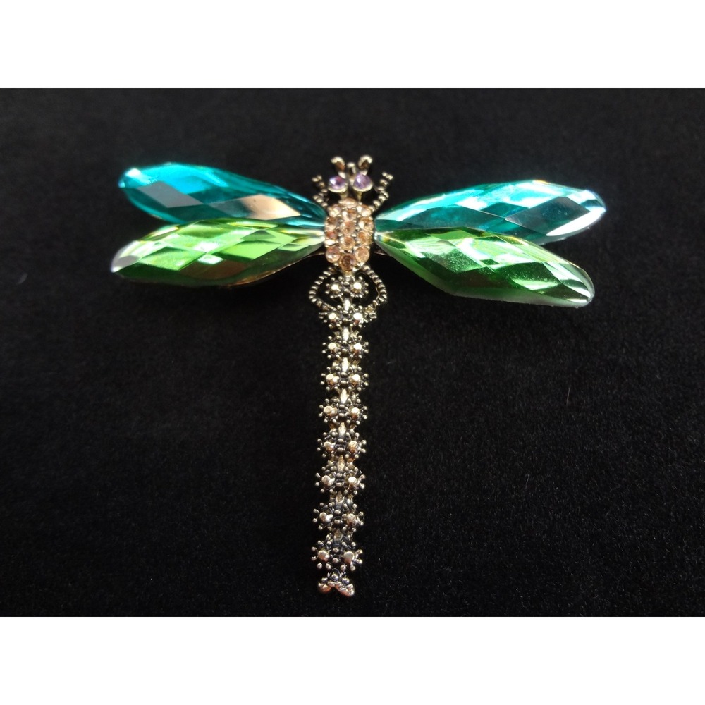 RMN Dragonfly Brooch Teal Green Excellent Rhinestone Gold Tone Pin